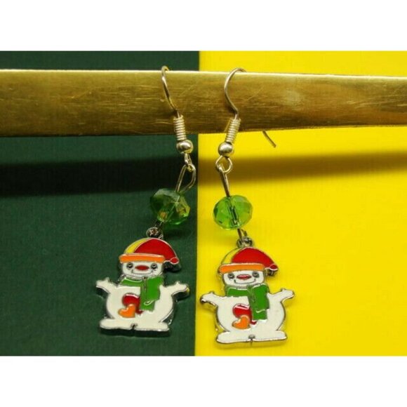 Vertical Drop Dangle Hook Earrings Womans Snowman Green Bead Winter Silver Tone - Picture 4 of 7